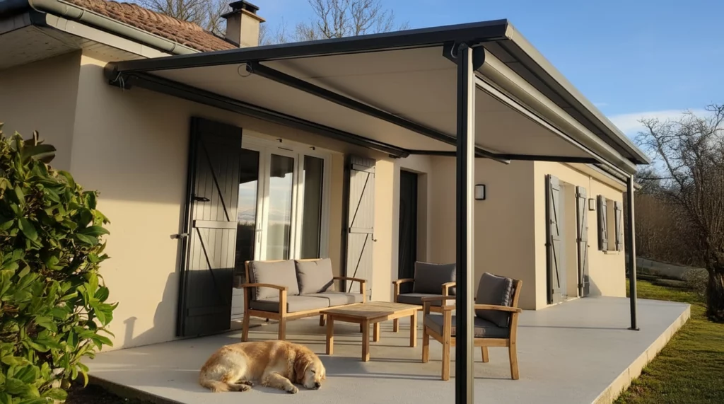Une terrasse avec un salon de jardin, une pergola en aluminium et un chien qui dort au soleil